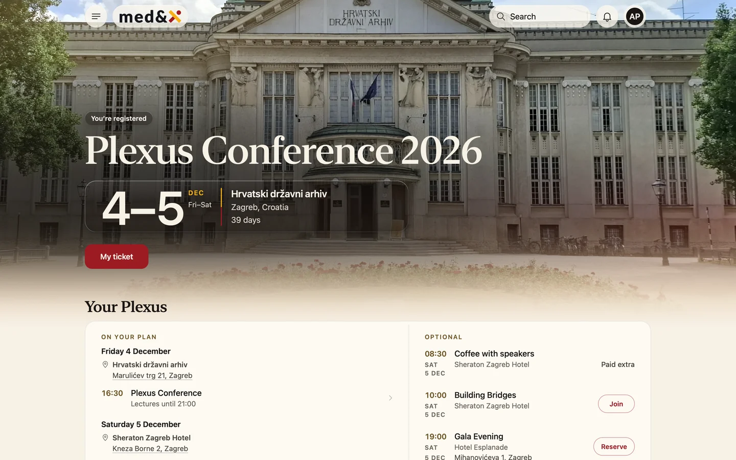 The Med&X app on a Mac: a member's Plexus Conference registration and plan
