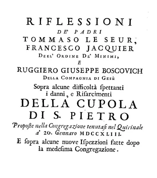 Title page of the three mathematicians’ report on the dome of St Peter’s, 1743